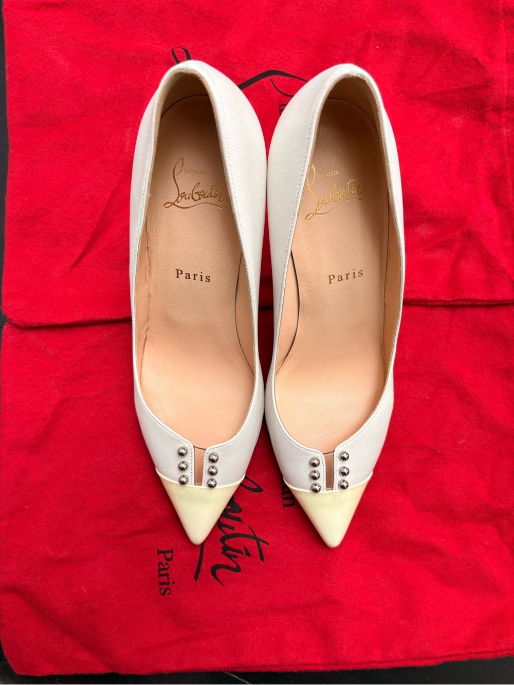 Christian Louboutin White and Cream Pointed Toe Studded Pumps